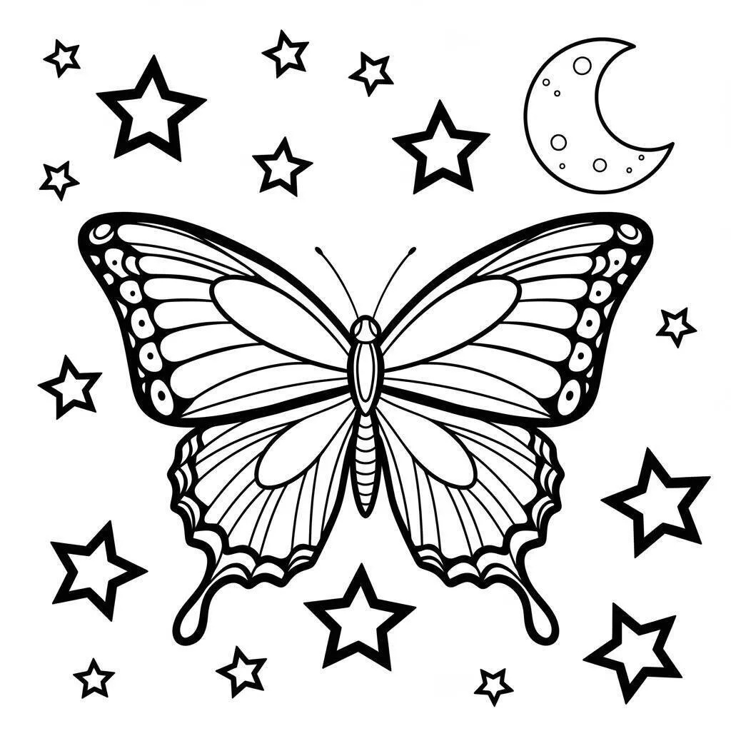 Desenho de Mariposa com Estrelas e Lua para Colorir