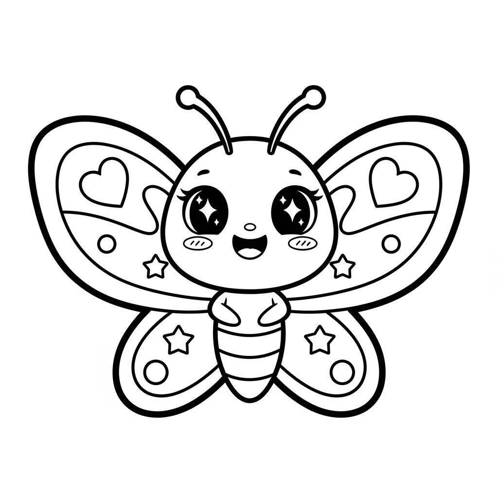 Desenho de Mariposa Kawaii com Corações para Colorir