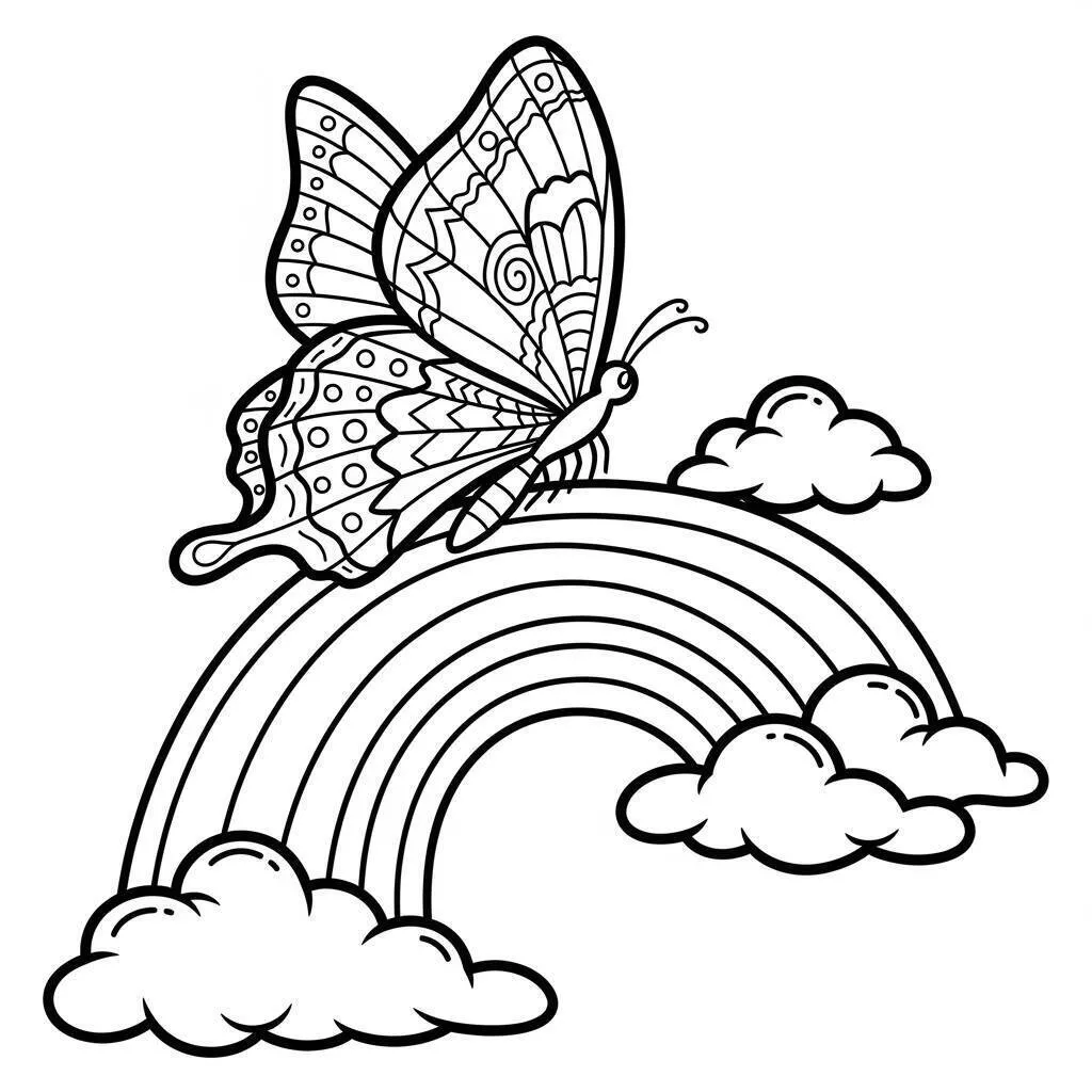 Desenho de Mariposa Colorida sobre um Arco Íris para Colorir