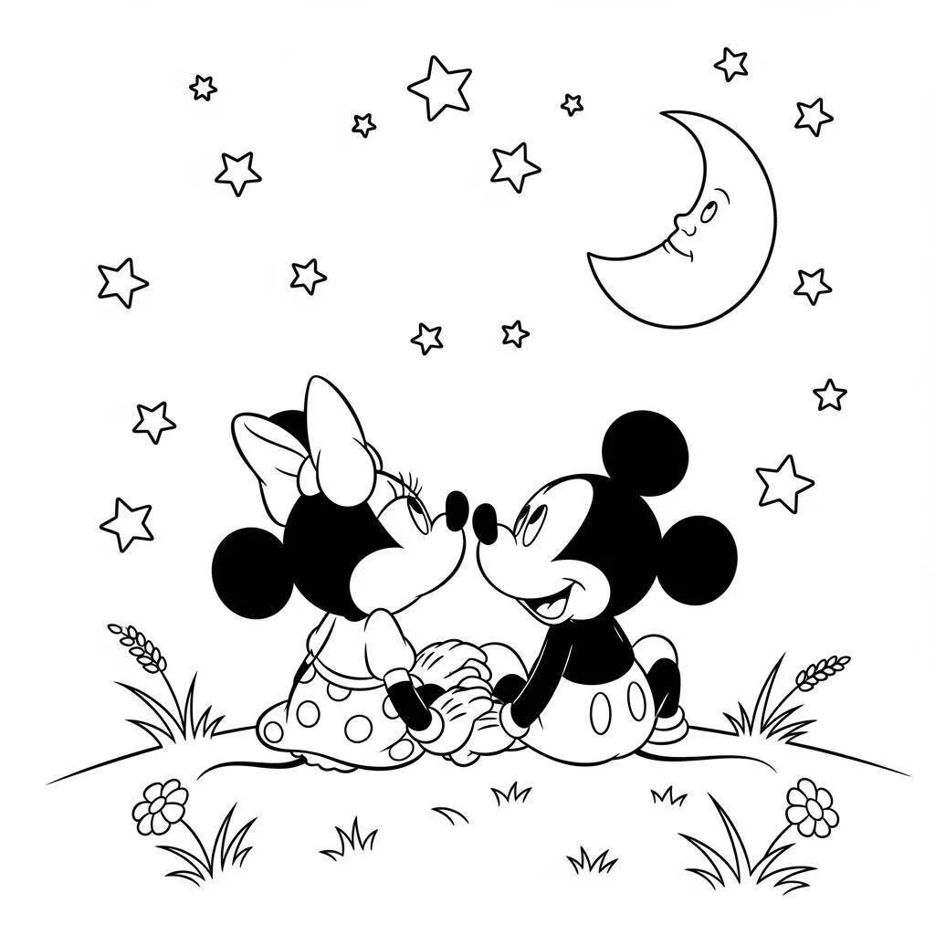 Coloriage Mickey la souris et Minnie sous les étoiles