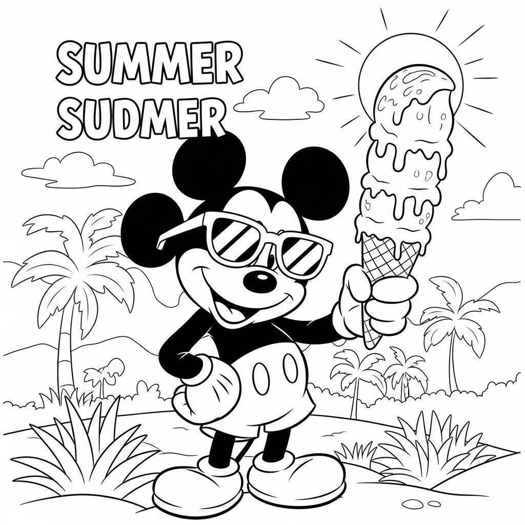 Coloriage Mickey la souris en été avec de la glace