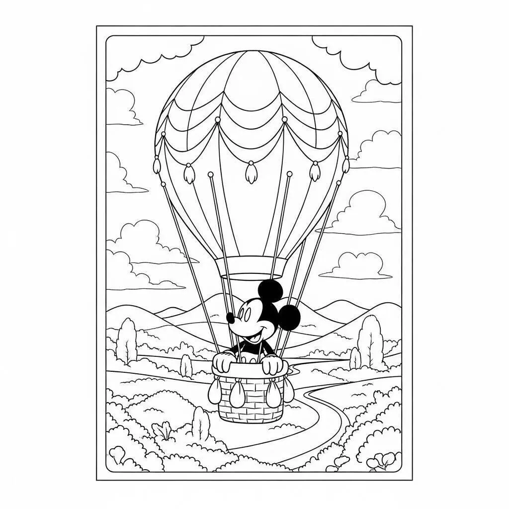 Coloriage Mickey la souris dans une montgolfière