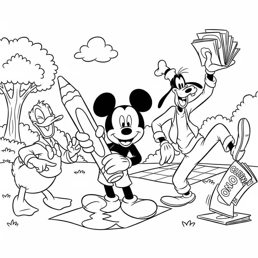Dibujo para colorear de Ratoncito Mickey con el pato Donald y Goofy