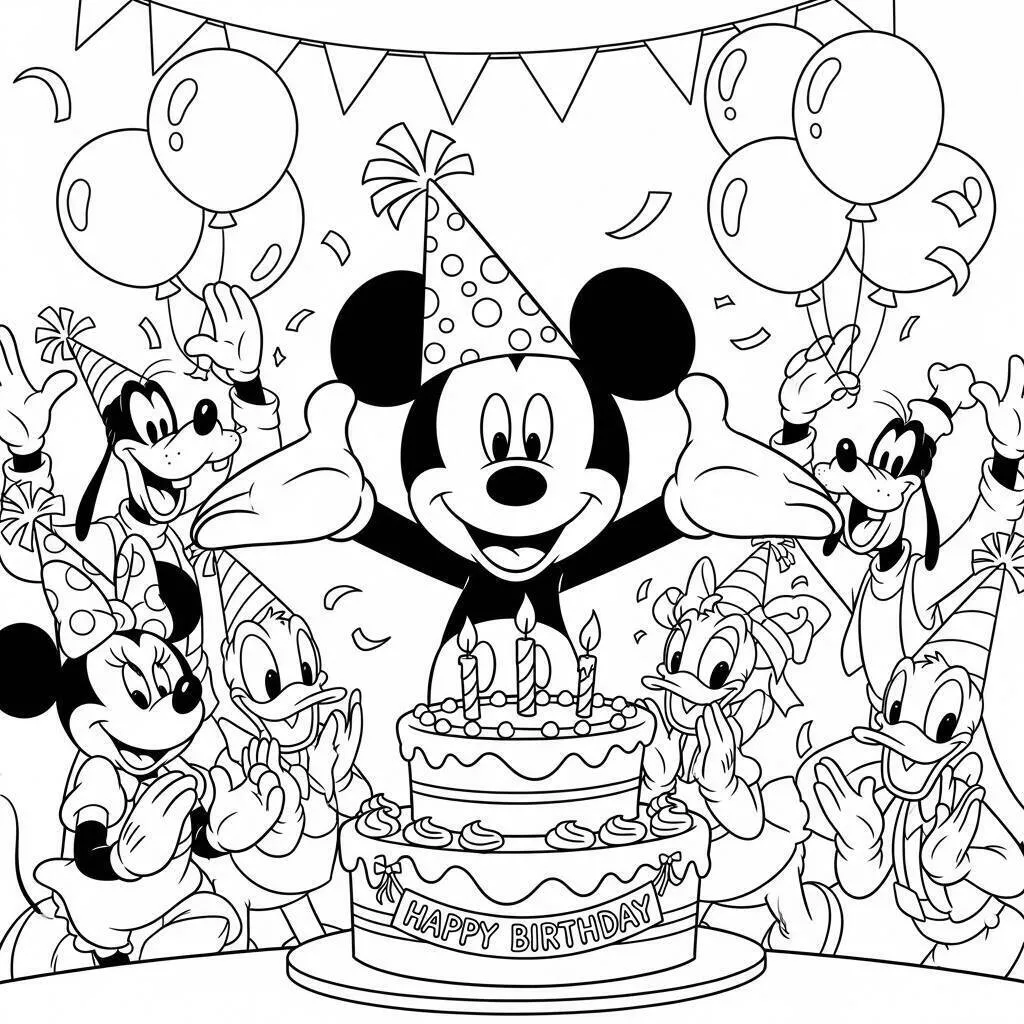 Pagina da colorare di Topolino alla festa di compleanno