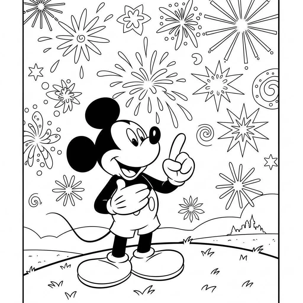 Coloriage Mickey la souris avec feux d'artifice