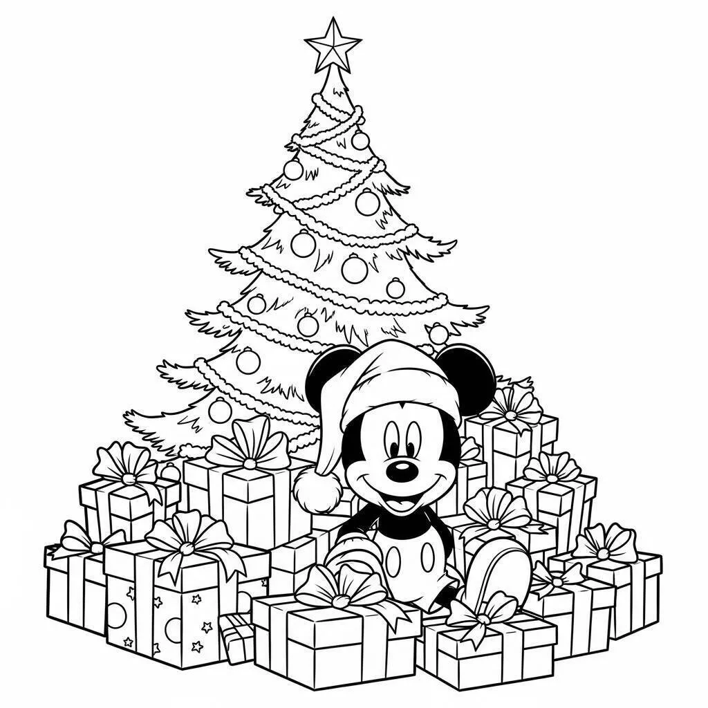 Coloriage Mickey la souris avec des cadeaux de Noël