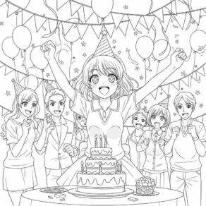 Coloriage Anime Girl célébrant son anniversaire