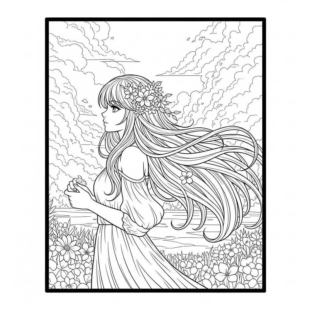 Coloriage Anime Girl avec des fleurs