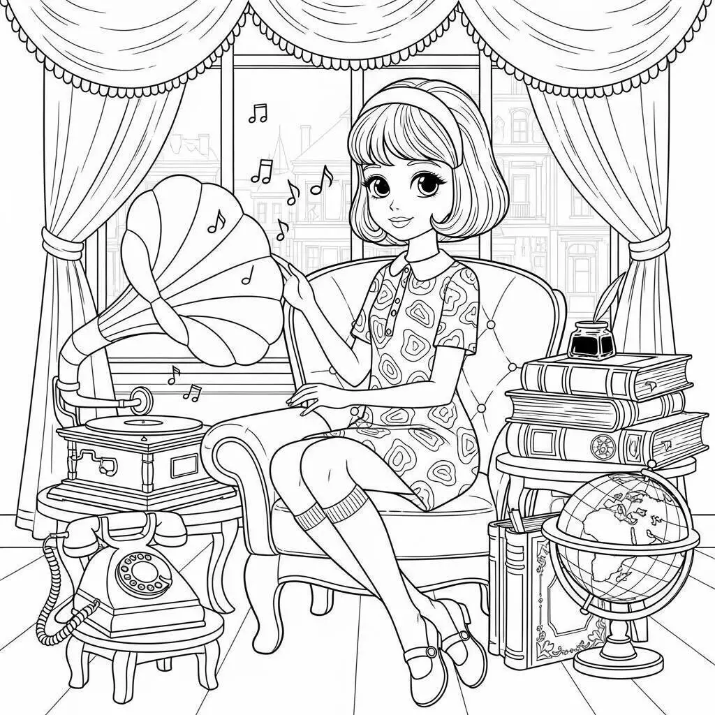 Coloriage Anime Girl se relaxant avec de la musique