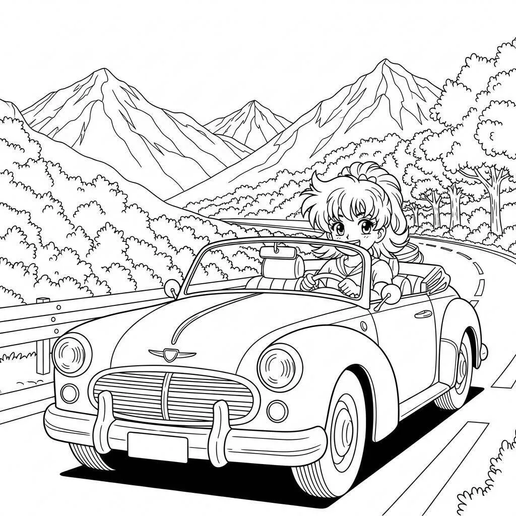 Coloriage Anime Girl conduisant une voiture