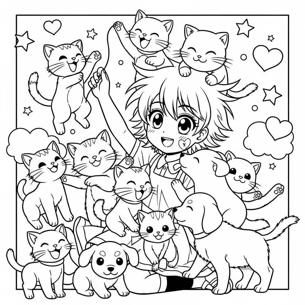 Página para colorear de chica anime jugando con gatitos y cachorros