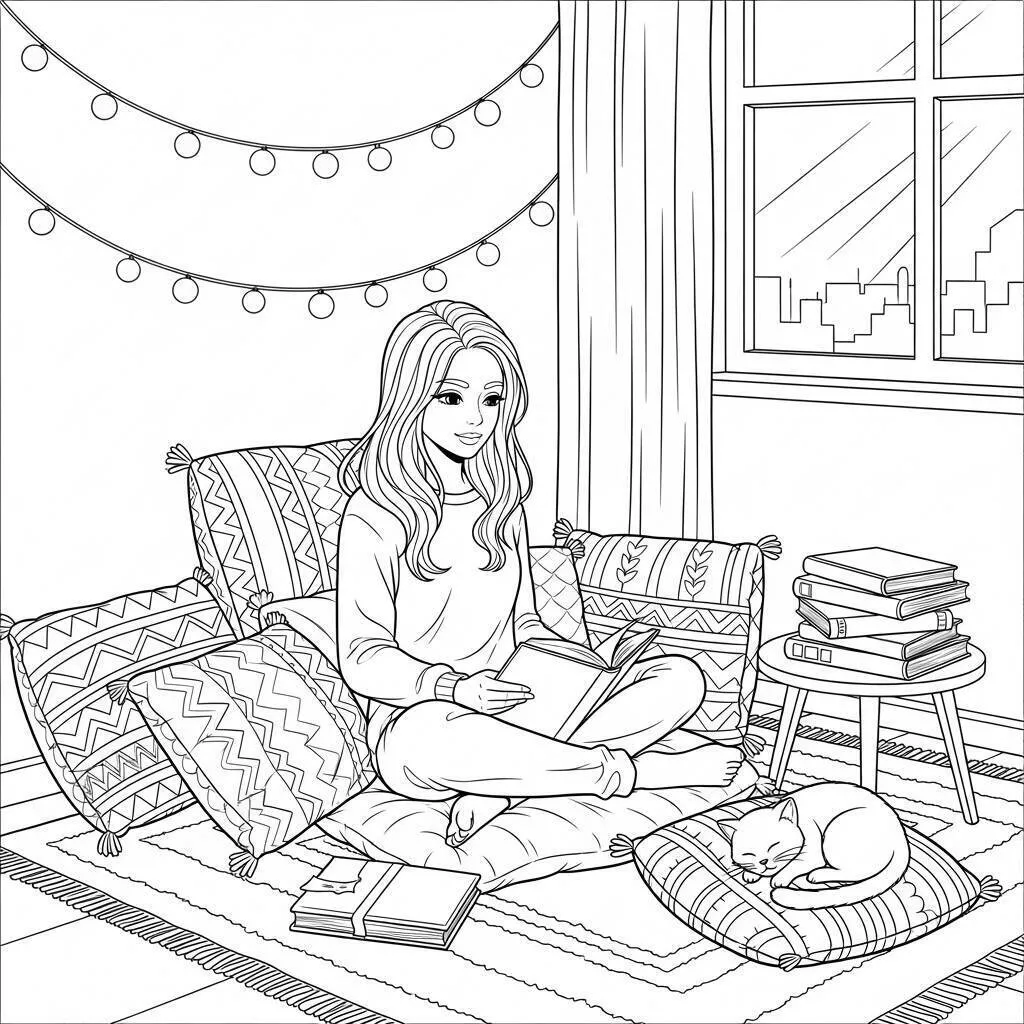 Página para colorear de chica anime leyendo en un ambiente acogedor