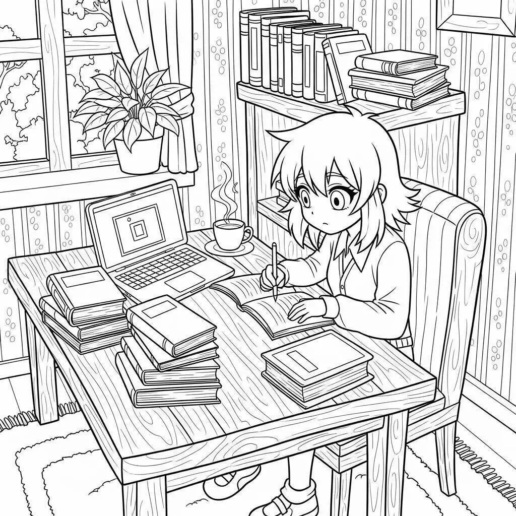 Chica Animé Estudiando Página Para Colorear