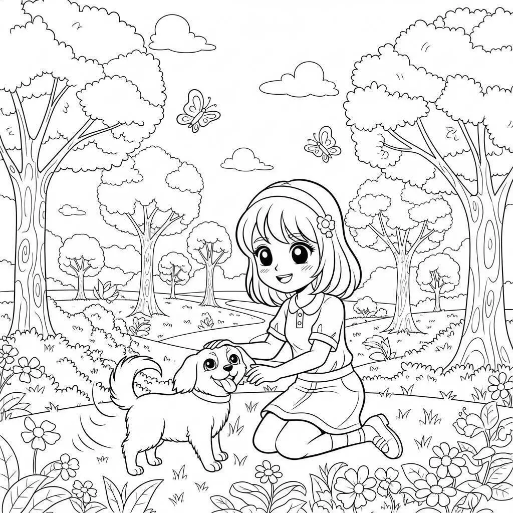 Página para colorear de chica anime jugando con un cachorro