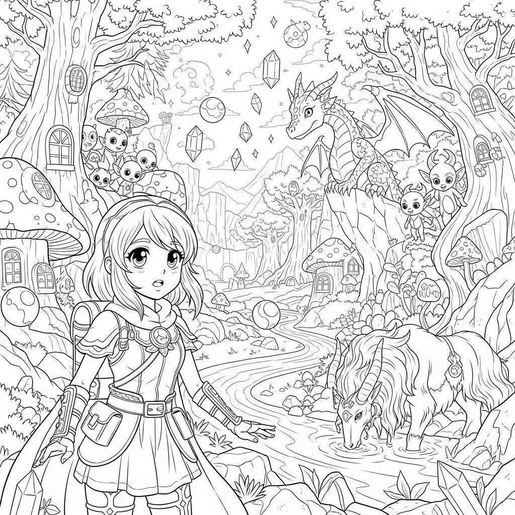 Página para colorear de chica anime aventurera en un mundo mágico