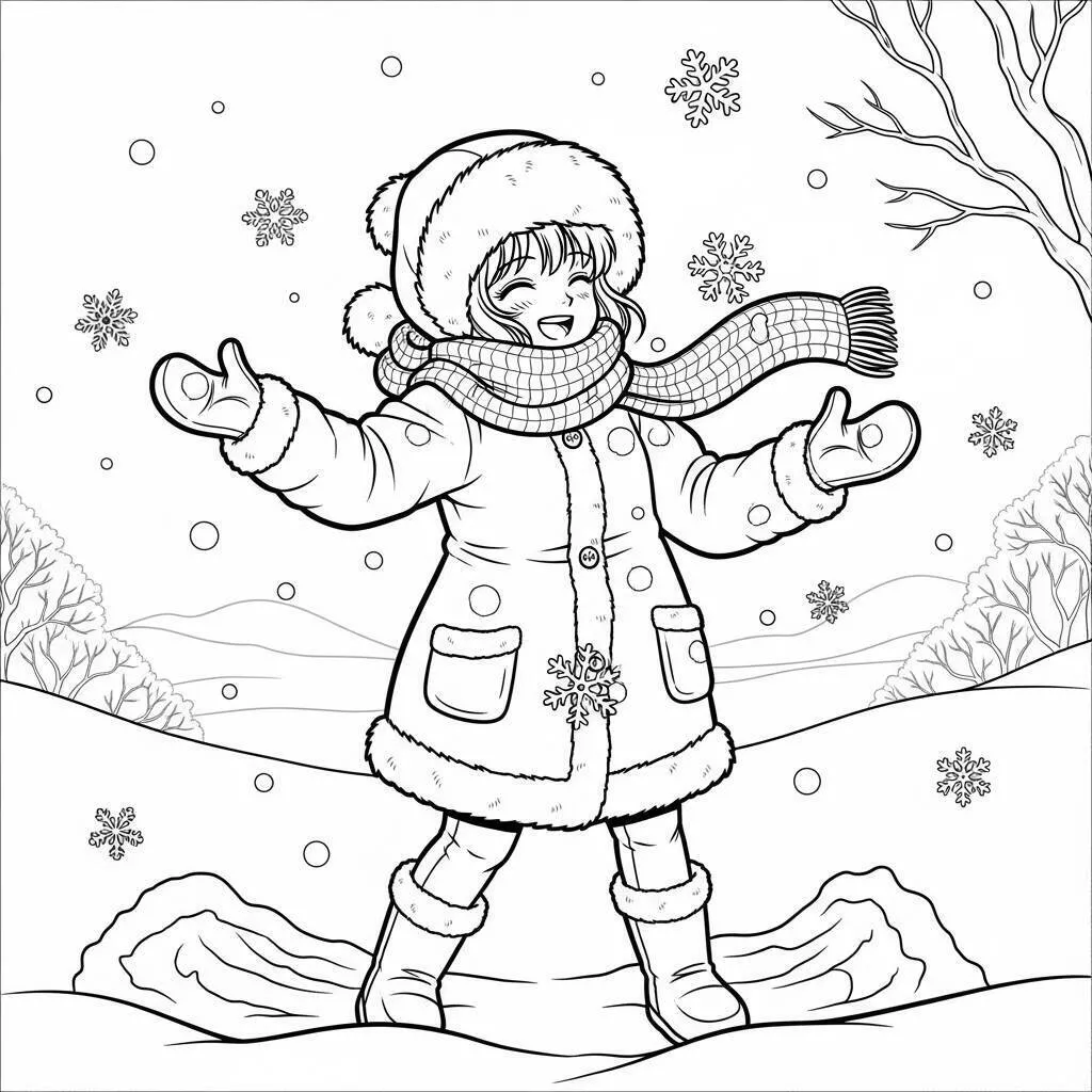Página para colorear de chica anime feliz en invierno
