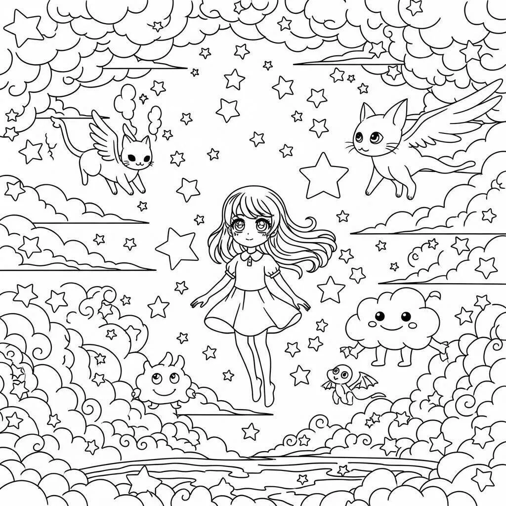 Página para colorear de chica anime flotando entre las nubes