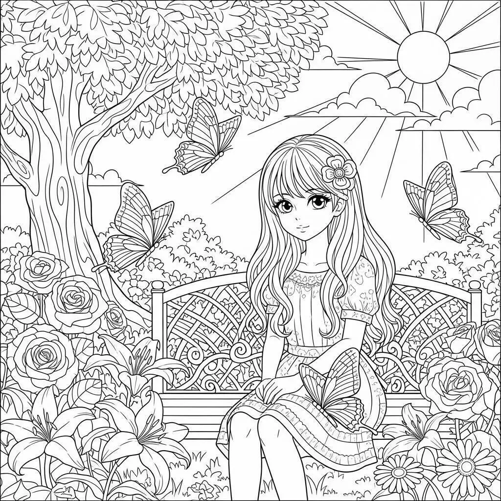 Página para colorear de chica anime en el jardín con mariposas