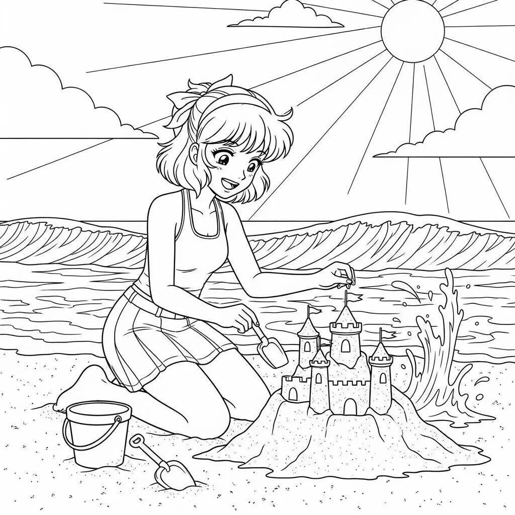 Página para colorear de chica anime jugando en la playa
