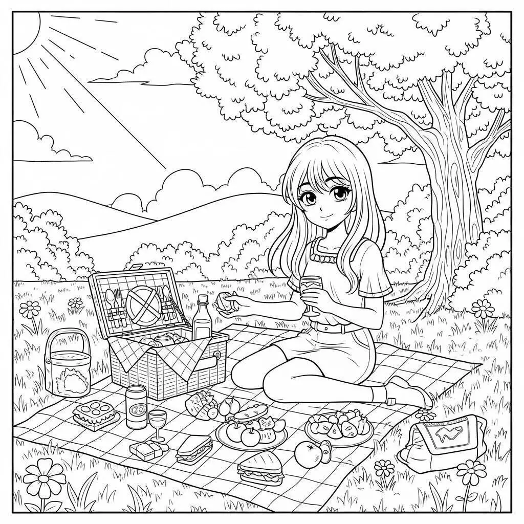 Chica anime teniendo un picnic Página para colorear