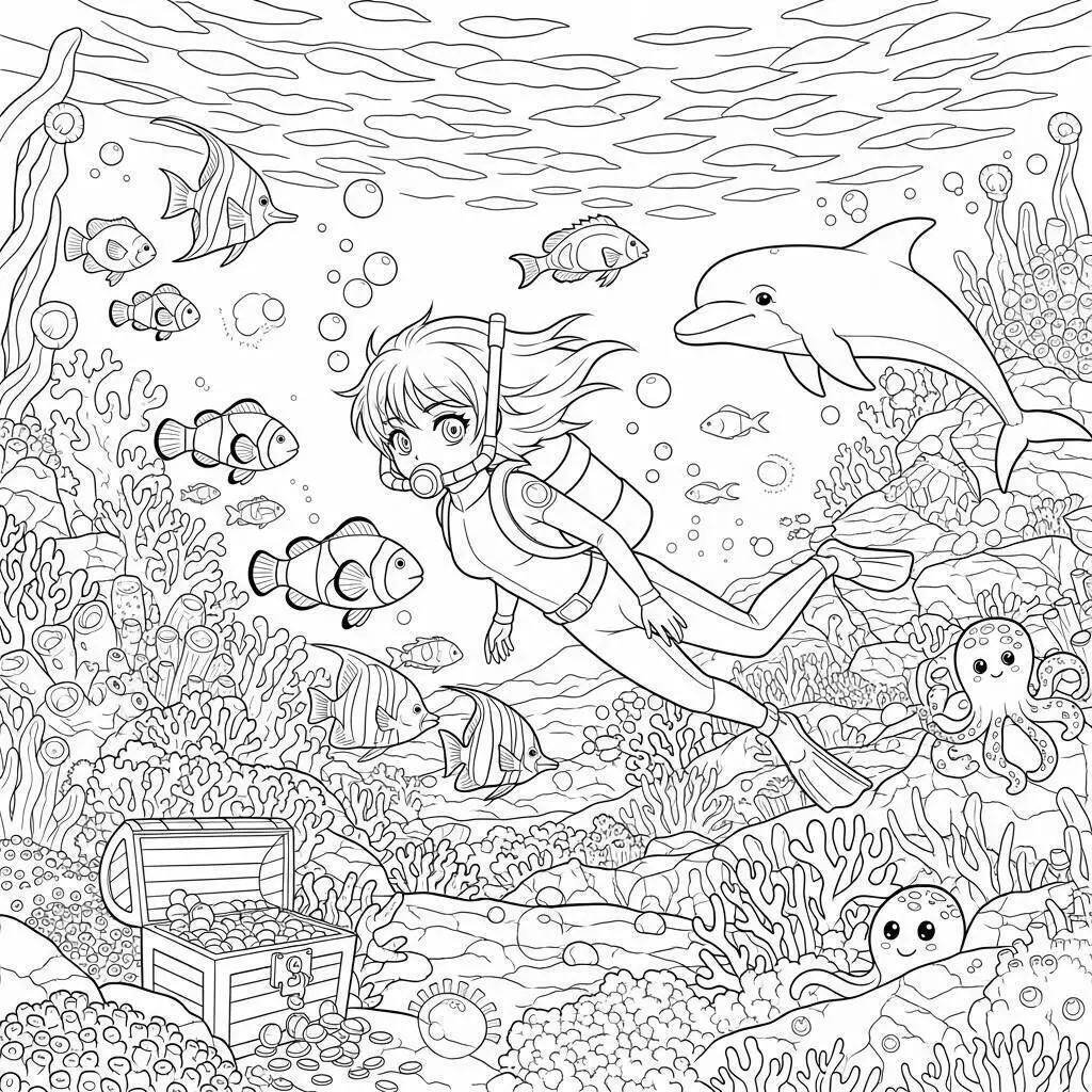 Página para colorear de chica anime buceando en el mar