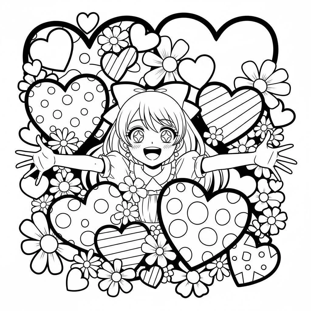 Dibujo de Chica Anime Kawaii con Corazones y flores para colorear