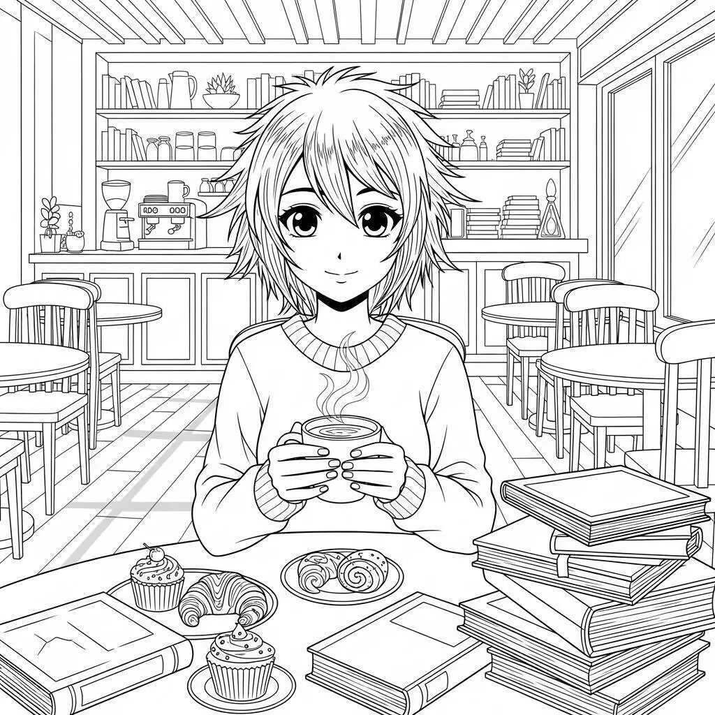 Página para colorear de chica anime tomando café