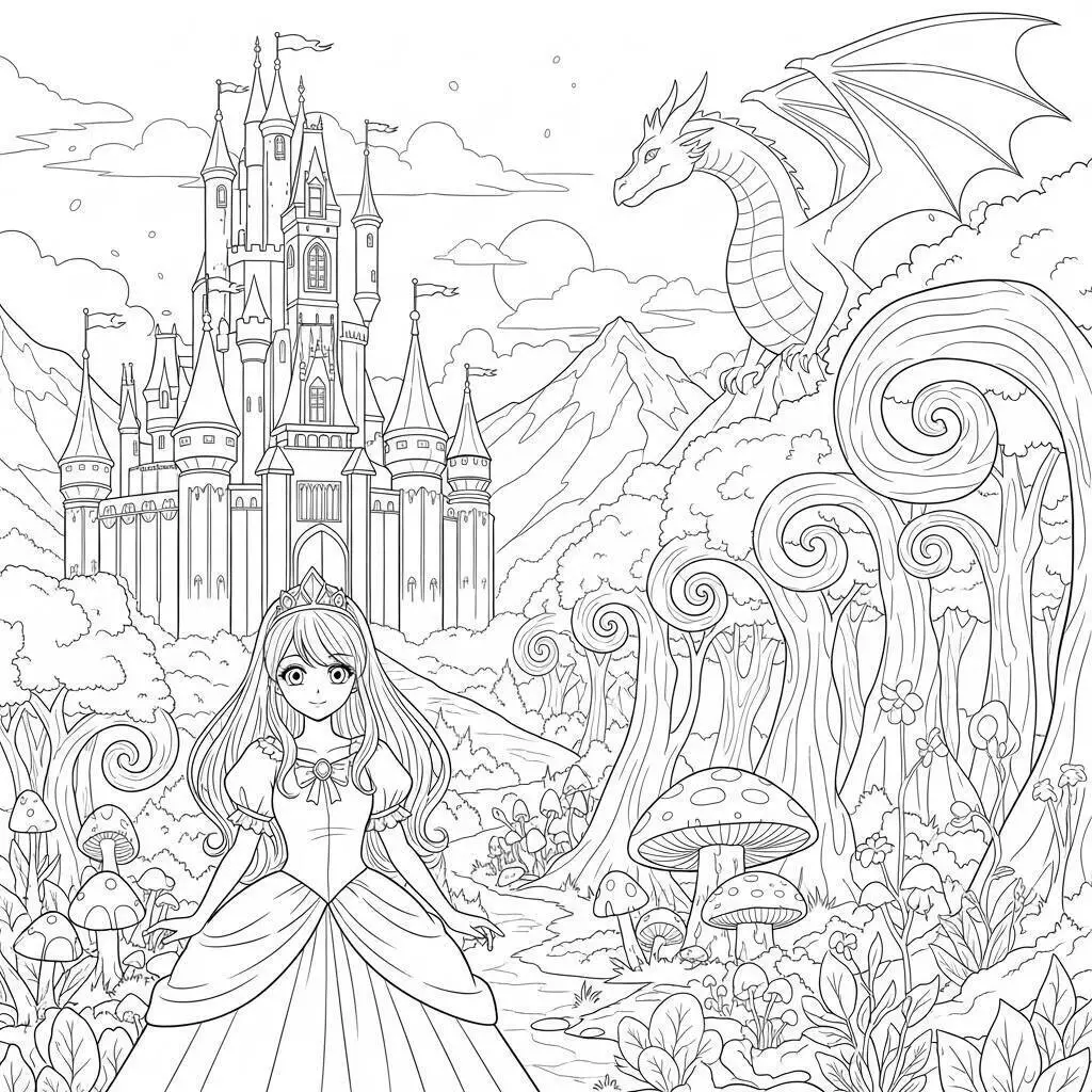Página para colorear de chica anime aventurera con dragón