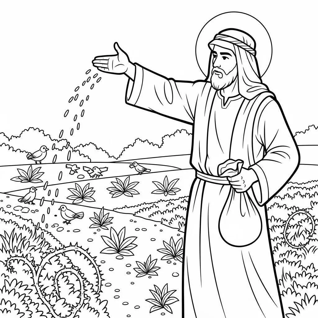 Desenho Bíblico de Jesus Semeando no Campo para Colorir