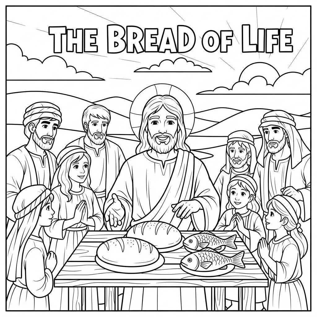 Desenho Bíblico de Jesus e os Pães e Peixes para Colorir