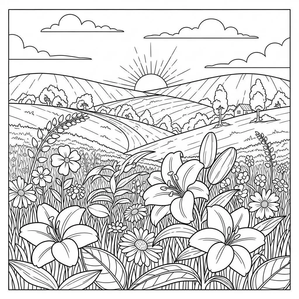 Desenho Bíblico do Jardim do Éden com Flores para Colorir