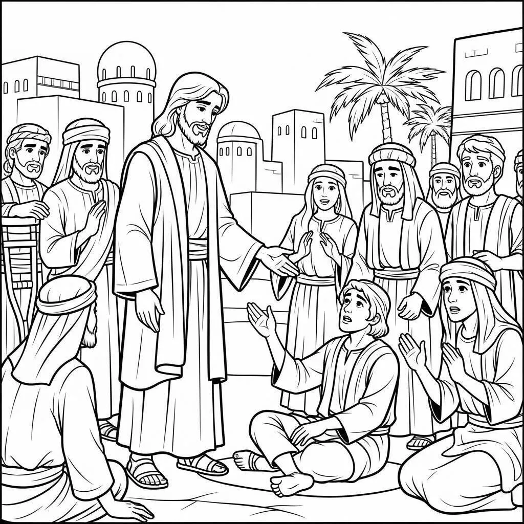 Desenho Bíblico de Jesus Curando o Menino para Colorir