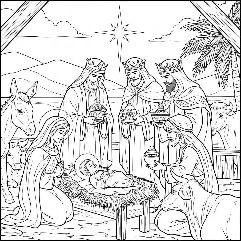 Dibujo Bíblico del Nacimiento de Jesús con los Reyes Magos para Colorear