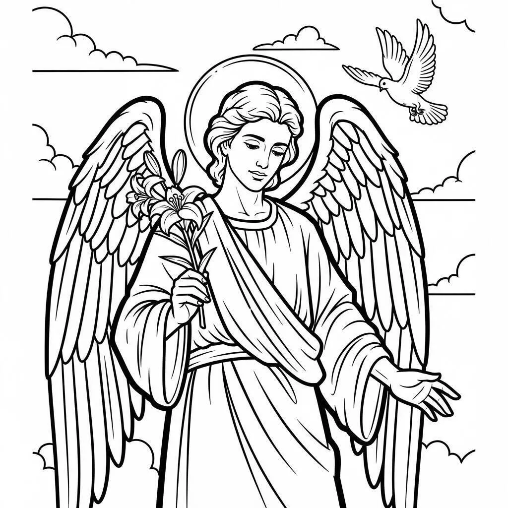 Desenho Bíblico de um Anjo com Lírios para Colorir