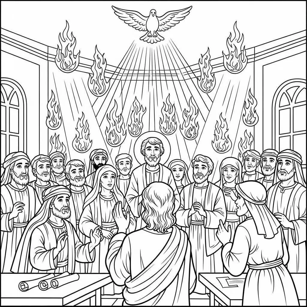 Desenho Bíblico do Pentecostes com o Espírito Santo para Colorir