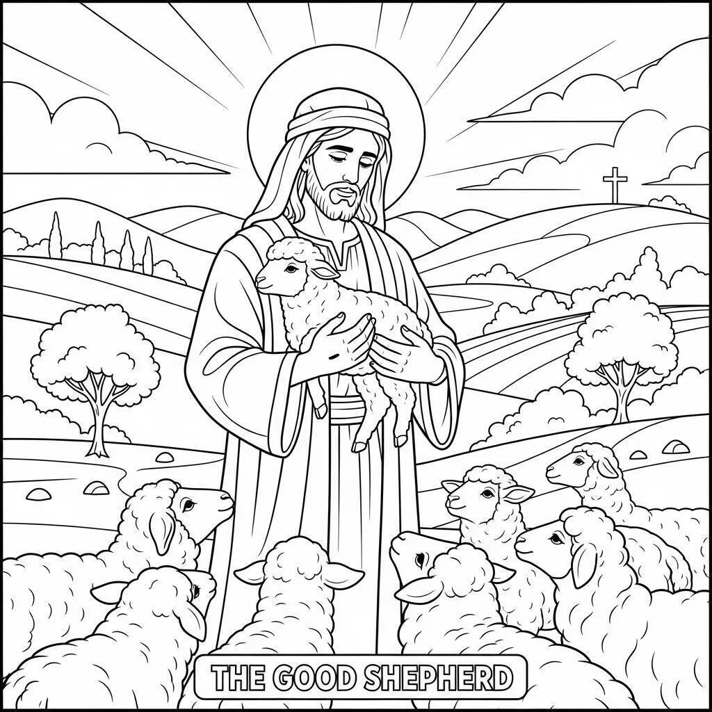 Desenho Bíblico de Jesus Bom Pastor com as Ovelhas para Colorir