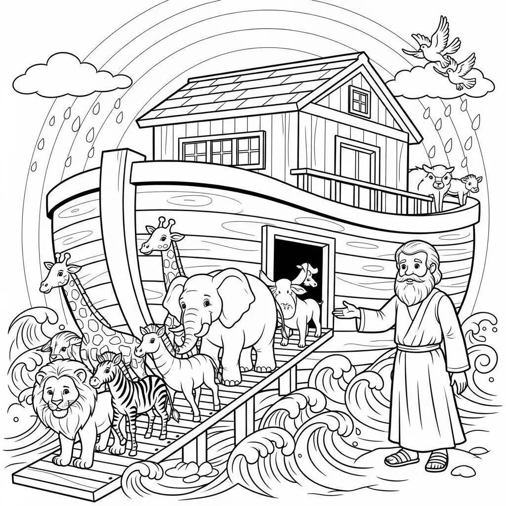 Dessin biblique de l'Arche de Noé avec des animaux à colorier