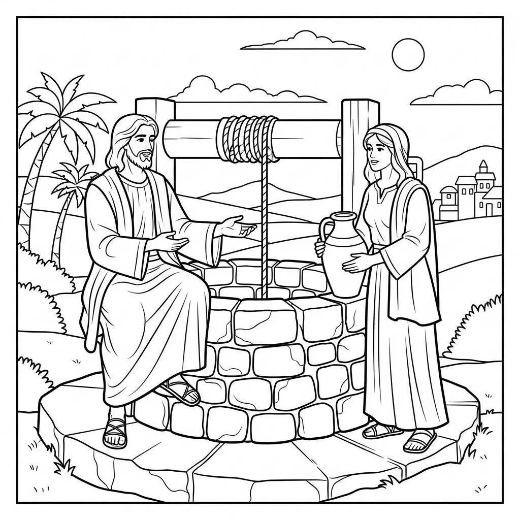 Desenho Bíblico de Jesus e a Mulher Samaritana no Poço para Colorir