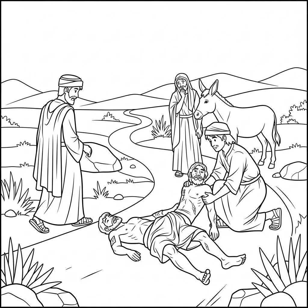 Desenho Bíblico do Bom Samaritano Ajudando o Ferido para Colorir