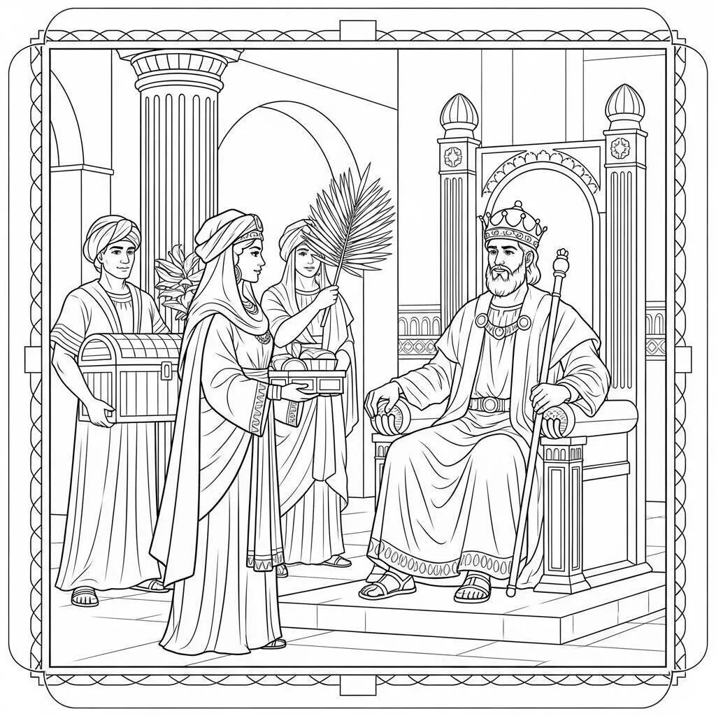 Desenho Bíblico da Rainha de Sabá Visitando o Rei Salomão para Colorir