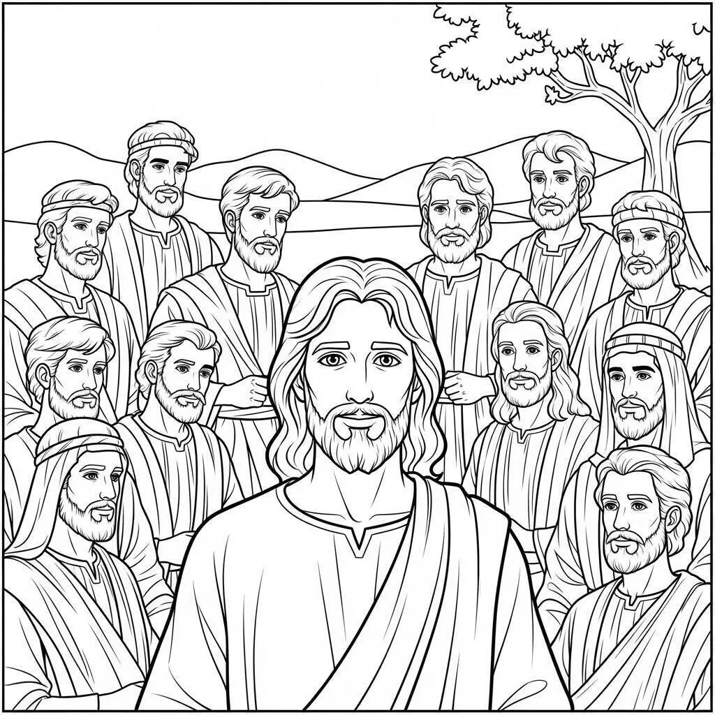 Desenho Bíblico de Jesus com os Apóstolos para Colorir
