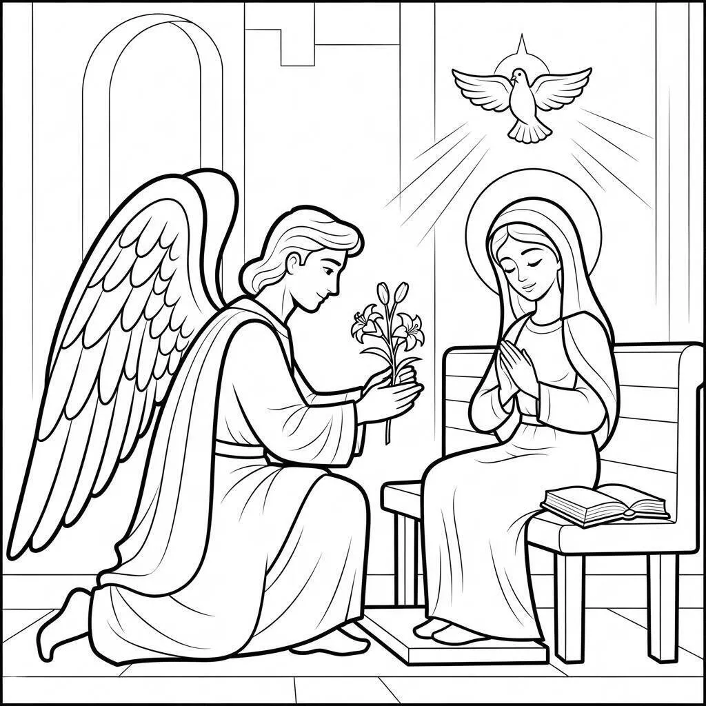 Desenho Bíblico da Anunciação com o Anjo Gabriel e Maria para Colorir