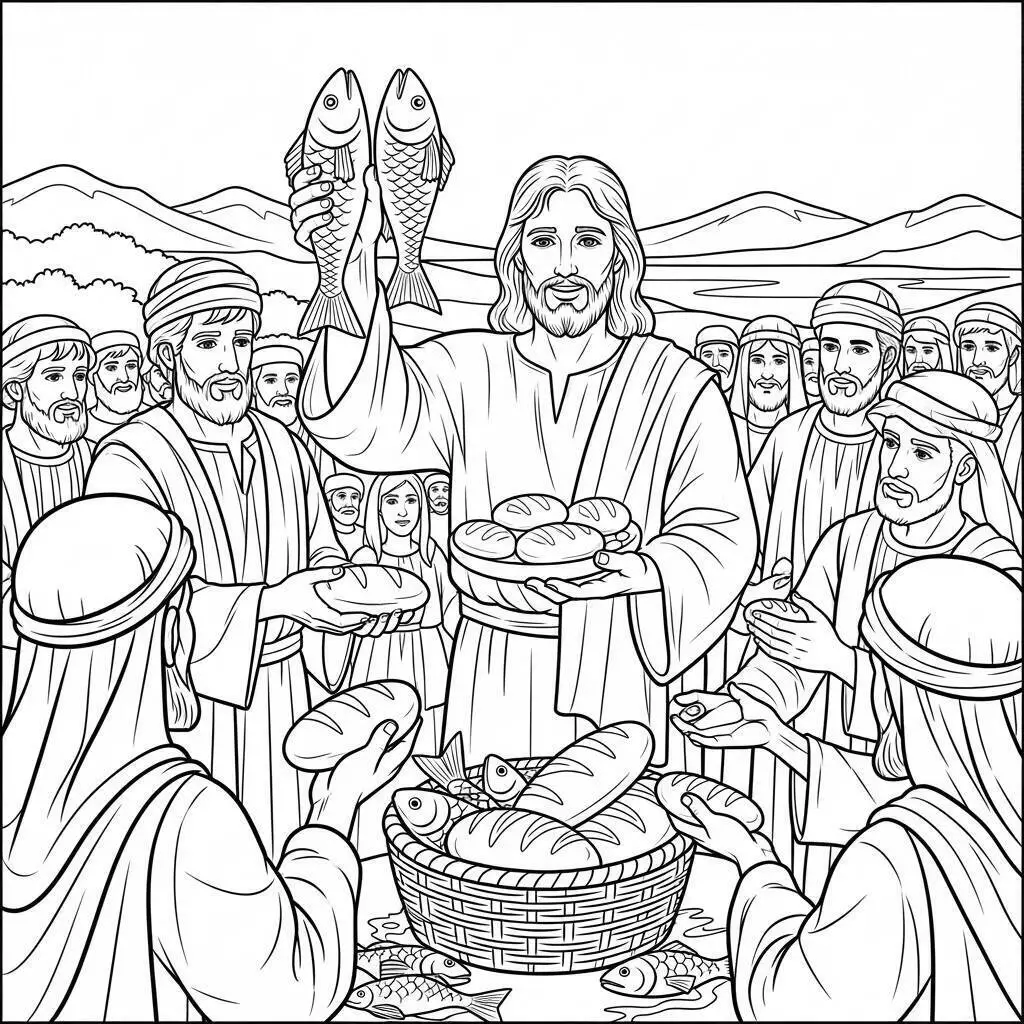 Desenho Bíblico da Multiplicação dos Pães e Peixes para Colorir