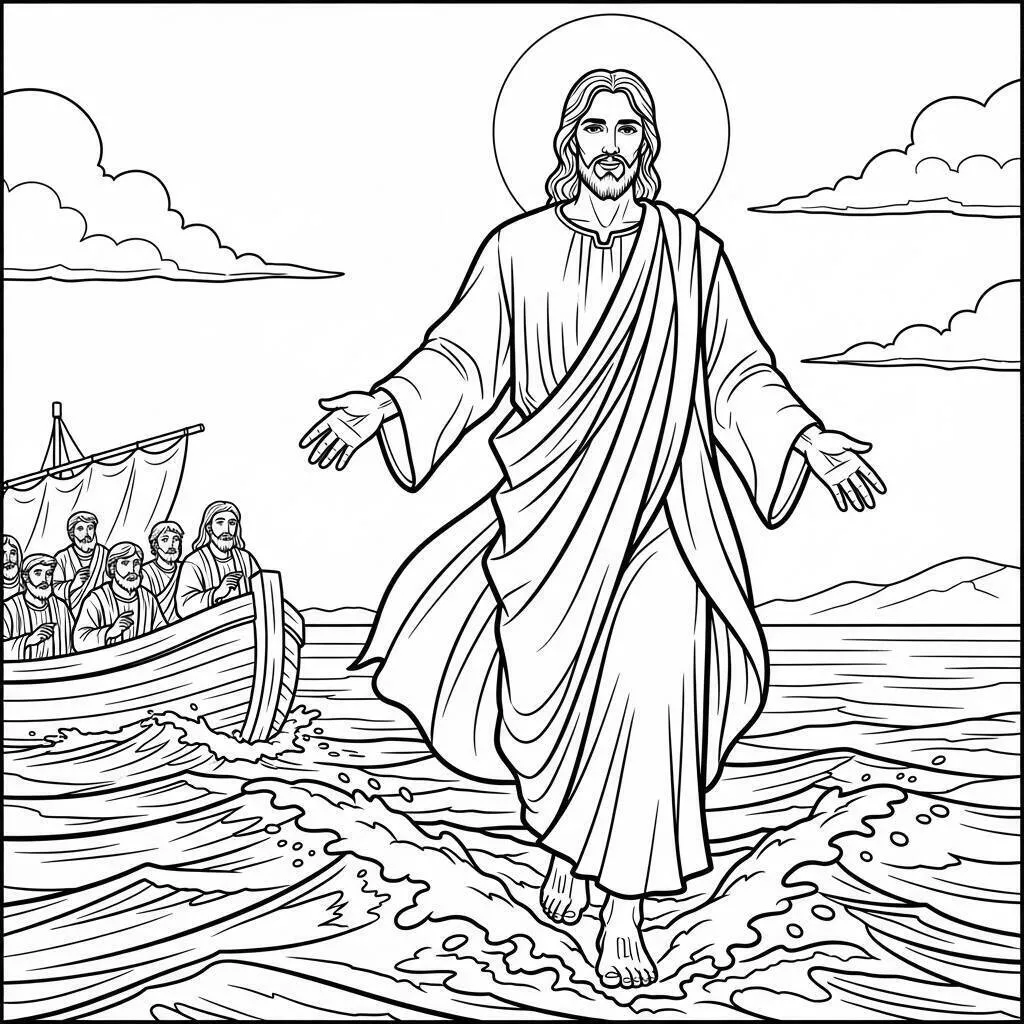 Desenho Bíblico de Jesus Caminhando sobre as Águas para Colorir
