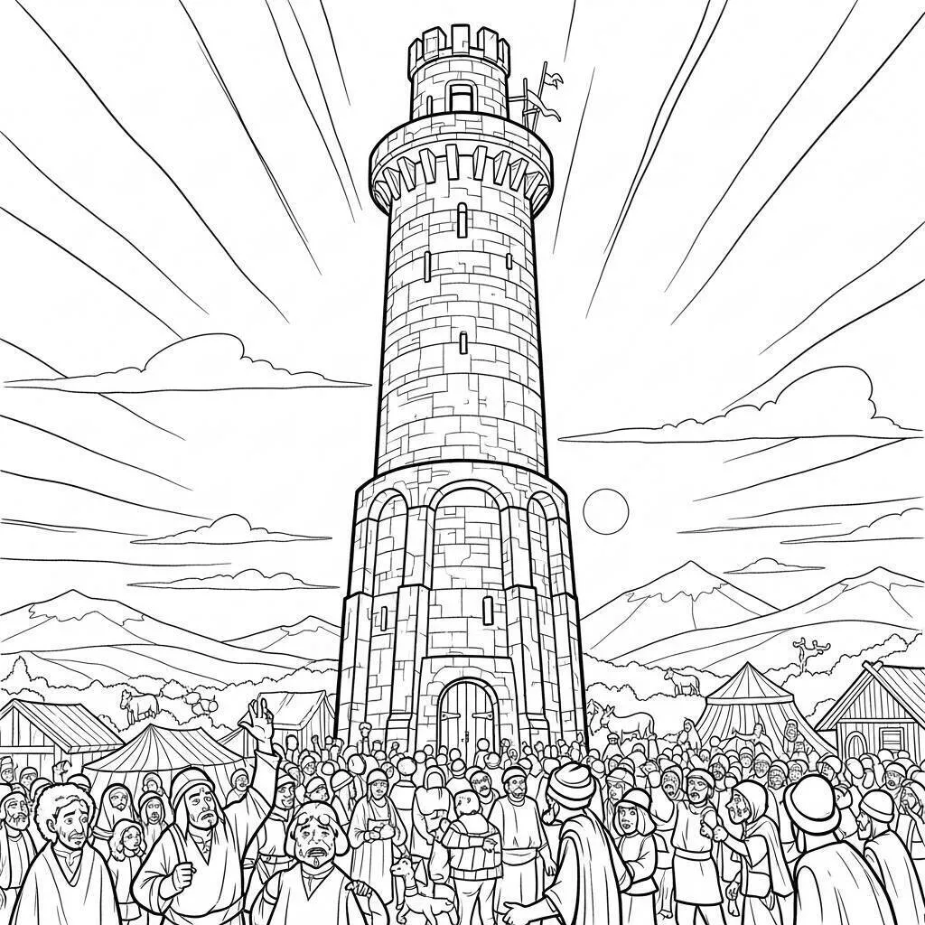 Dibujo Bíblico de la Torre de Babel para Colorear