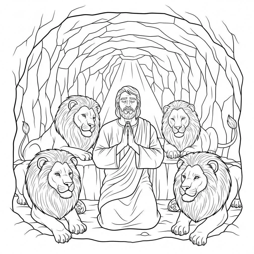 Desenho Bíblico de Daniel na Cova dos Leões para Colorir