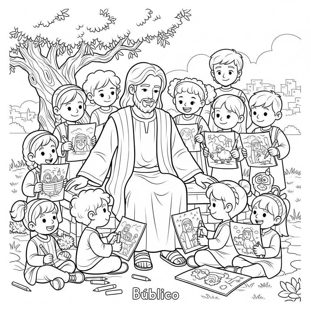 Desenho Bíblico de Jesus Ensinando Crianças para Colorir