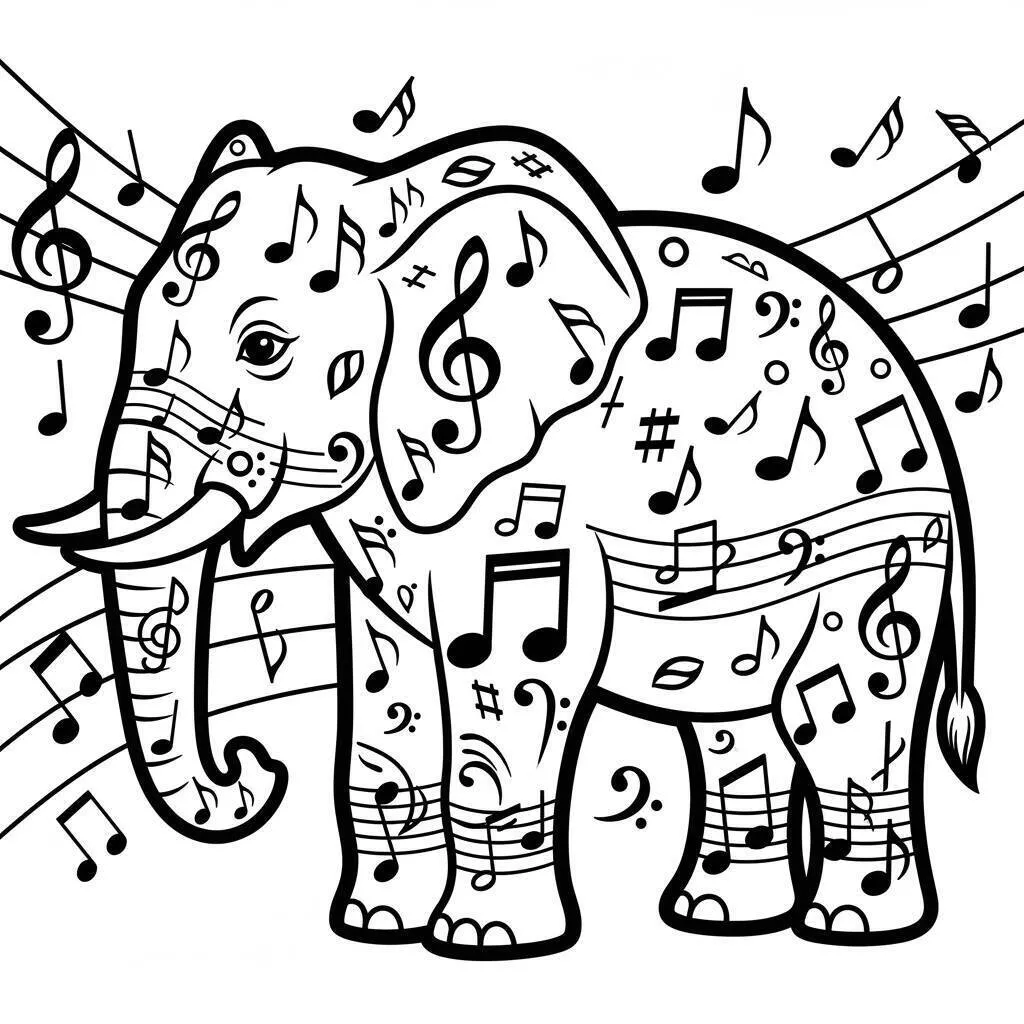 Desenho de Elefante Dançante com Notas Musicais para Colorir