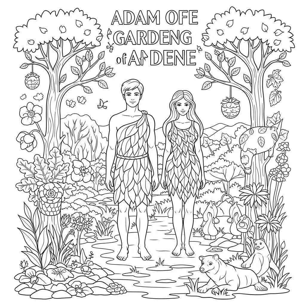Desenho Bíblico de Adão e Eva no Jardim do Éden para Colorir