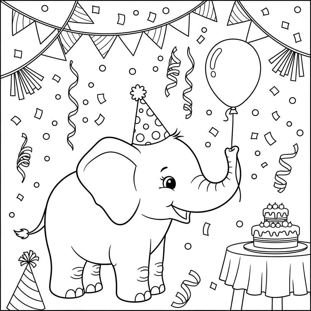 Desenho de Elefante Festivo com Balão para Colorir